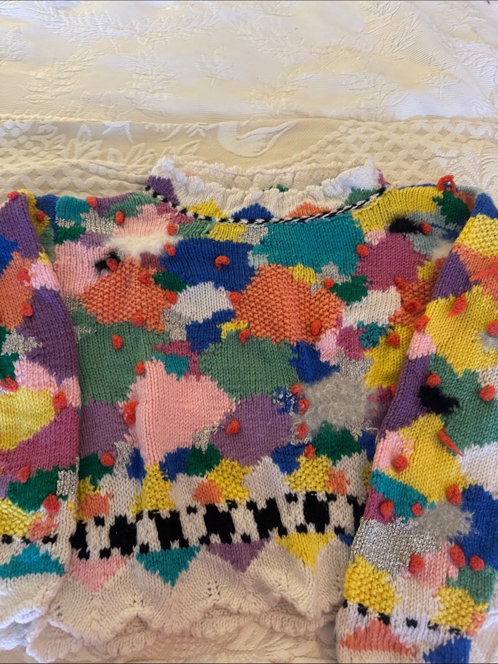 Multicolor Pom-Patch Crewneck Sweater - Vibrant Mixed Colors